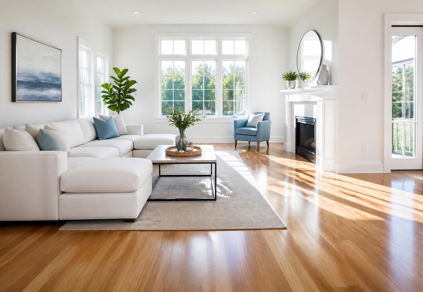 Bright, freshly cleaned living room with gleaming floors and sunlit windows